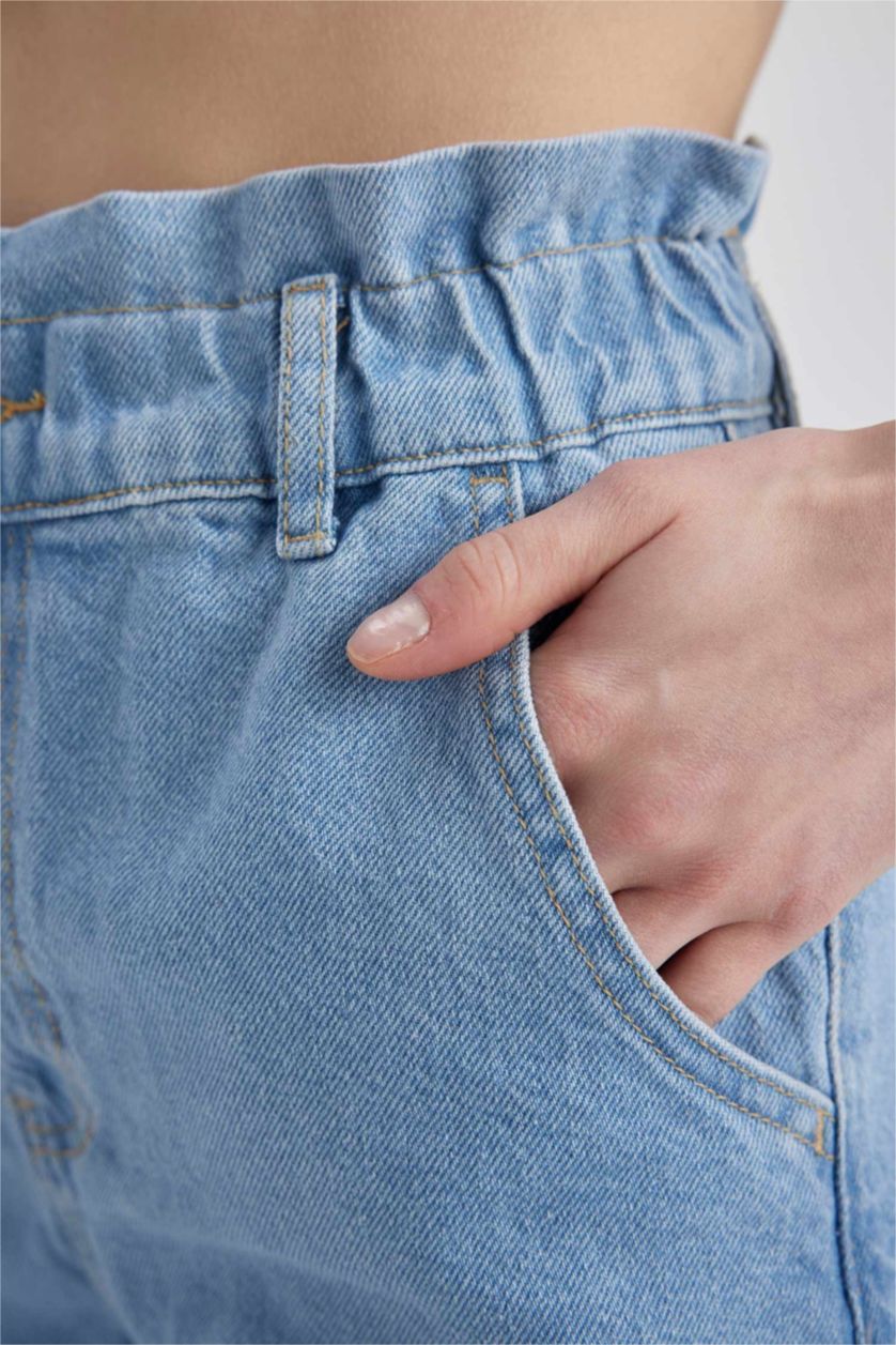 WOMAN Light Blue Paperbag High Waist Folded Leg Jean Shorts