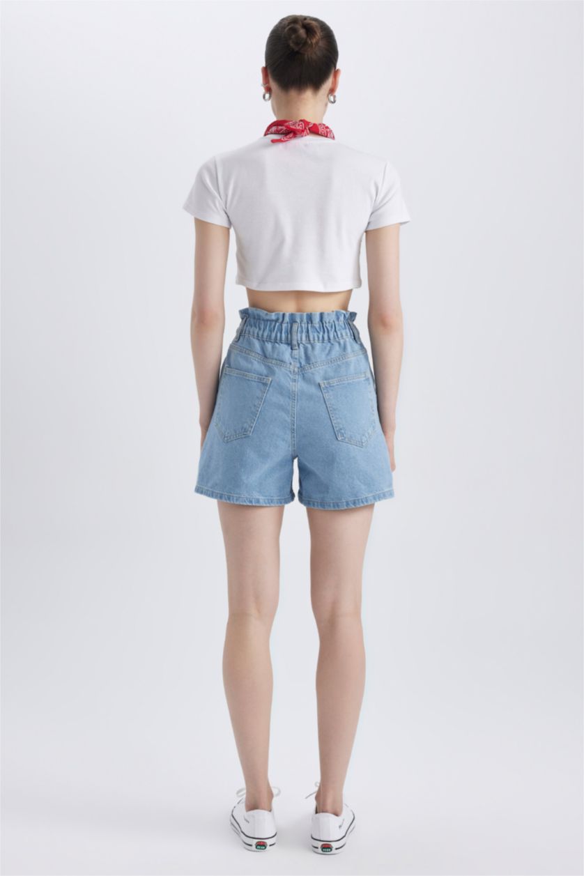 WOMAN Light Blue Paperbag High Waist Folded Leg Jean Shorts