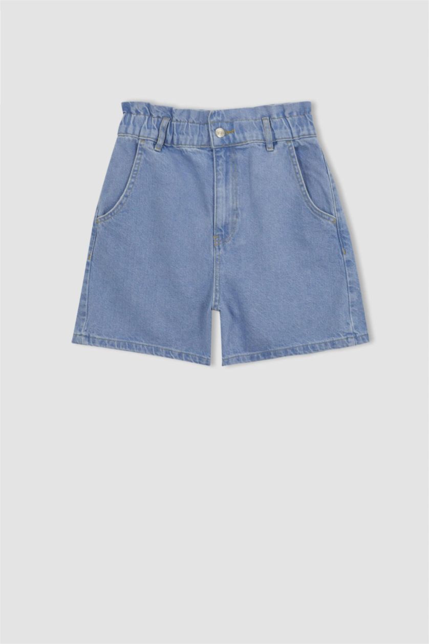 WOMAN Light Blue Paperbag High Waist Folded Leg Jean Shorts