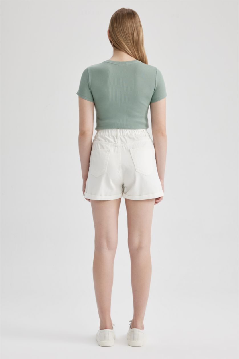 Женщины Белый Джинсовые шорты Paperbag  с высокой талией