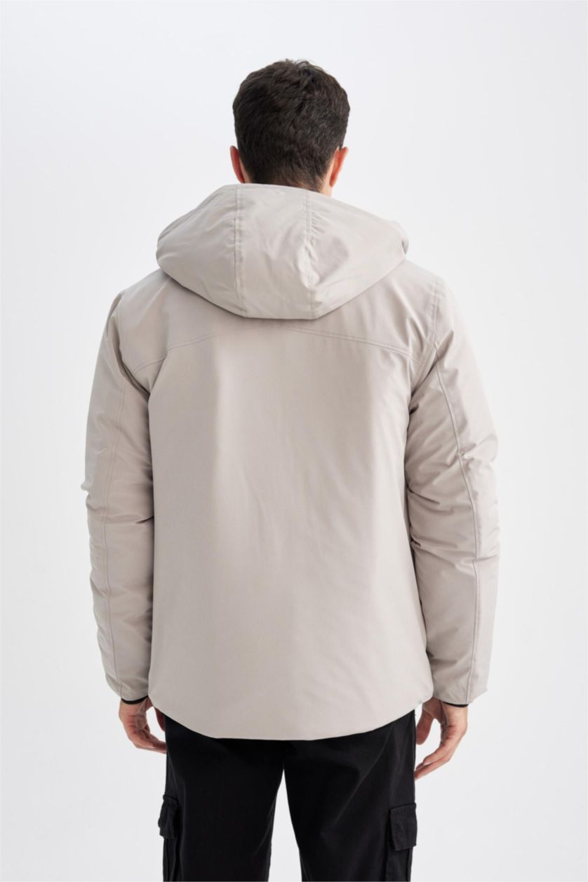 Erkek Taş Su İtici Regular Fit Kapüşonlu Fermuarlı Cepli Mont