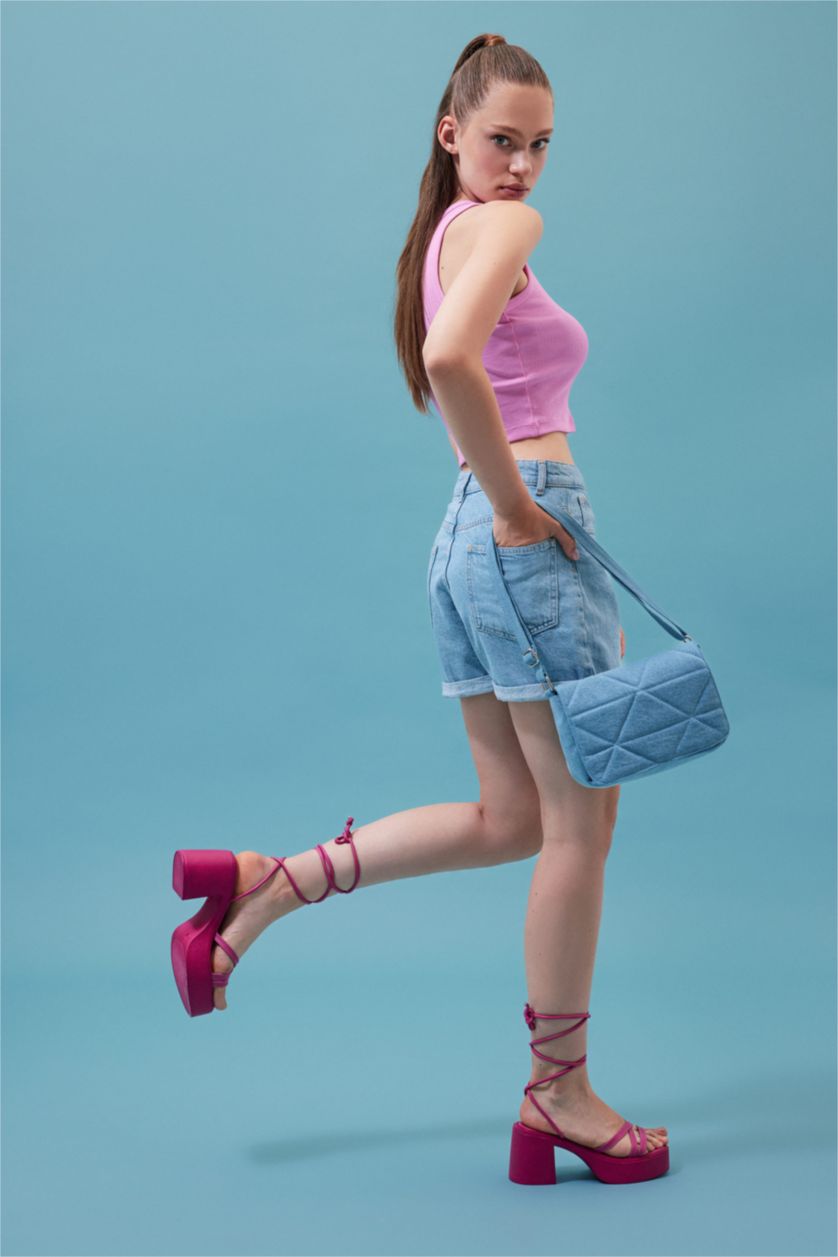 نساء أزرق فاتح شورت جينز موم فيت بخصر عالي