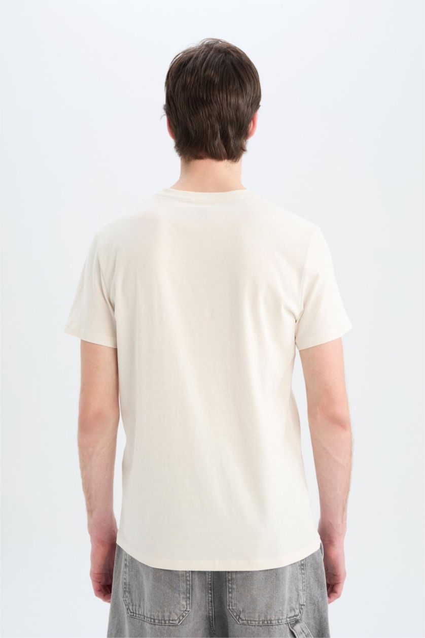 Erkek Kum %100 Pamuk Slim Fit Dar Kesim Bisiklet Yaka Baskılı Kısa Kollu Tişört