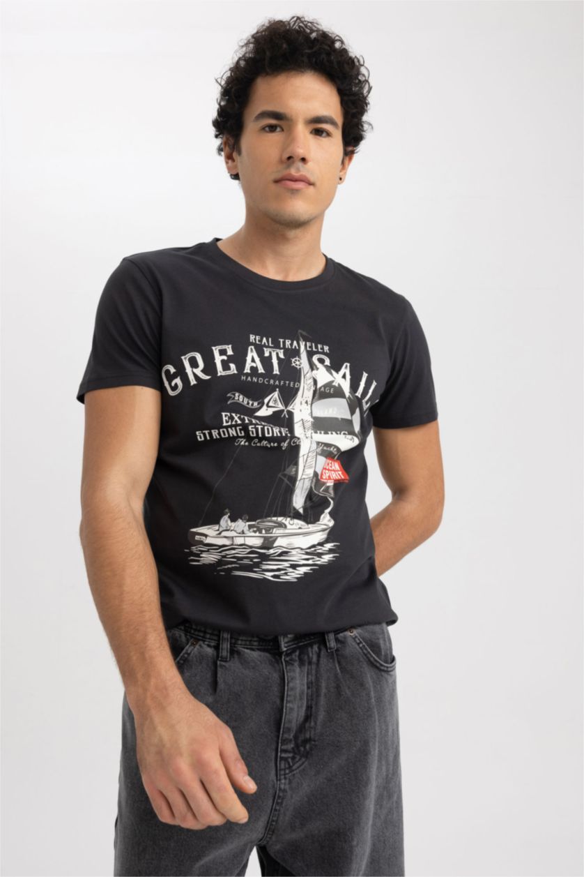 MAN Anthracite Slim Fit Crew Neck Printed Cotton T-Shirt