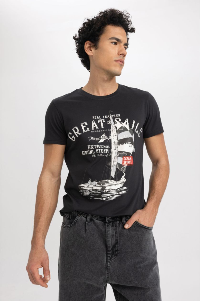 MAN Anthracite Slim Fit Crew Neck Printed Cotton T-Shirt