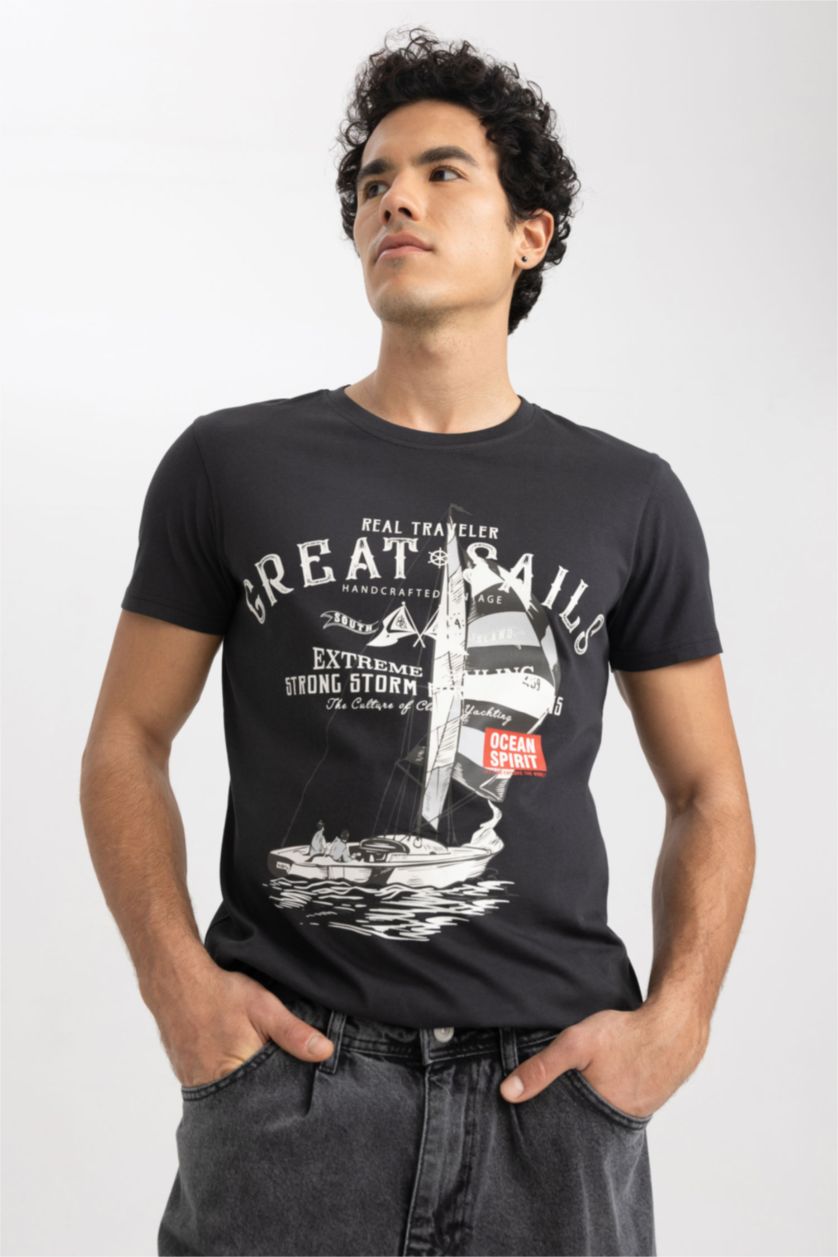 MAN Anthracite Slim Fit Crew Neck Printed Cotton T-Shirt