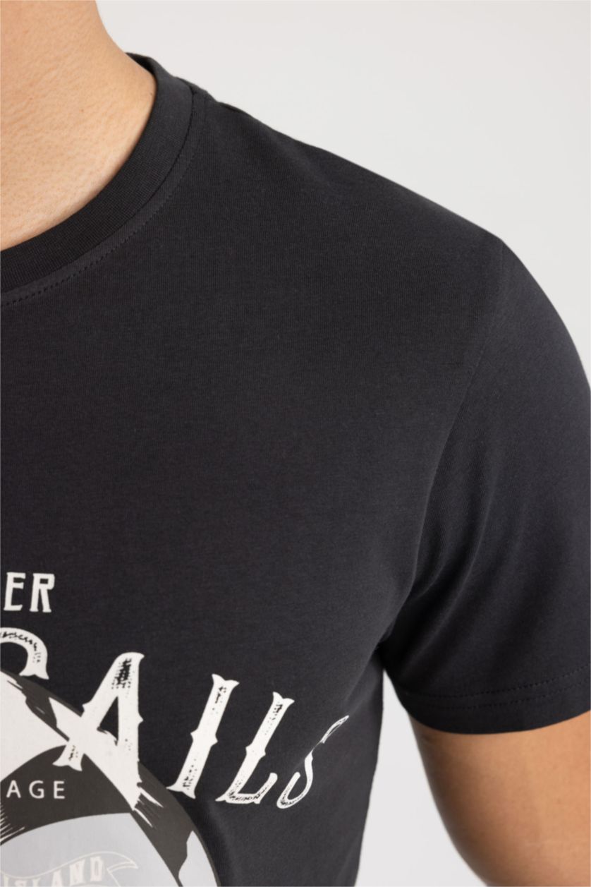 MAN Anthracite Slim Fit Crew Neck Printed Cotton T-Shirt