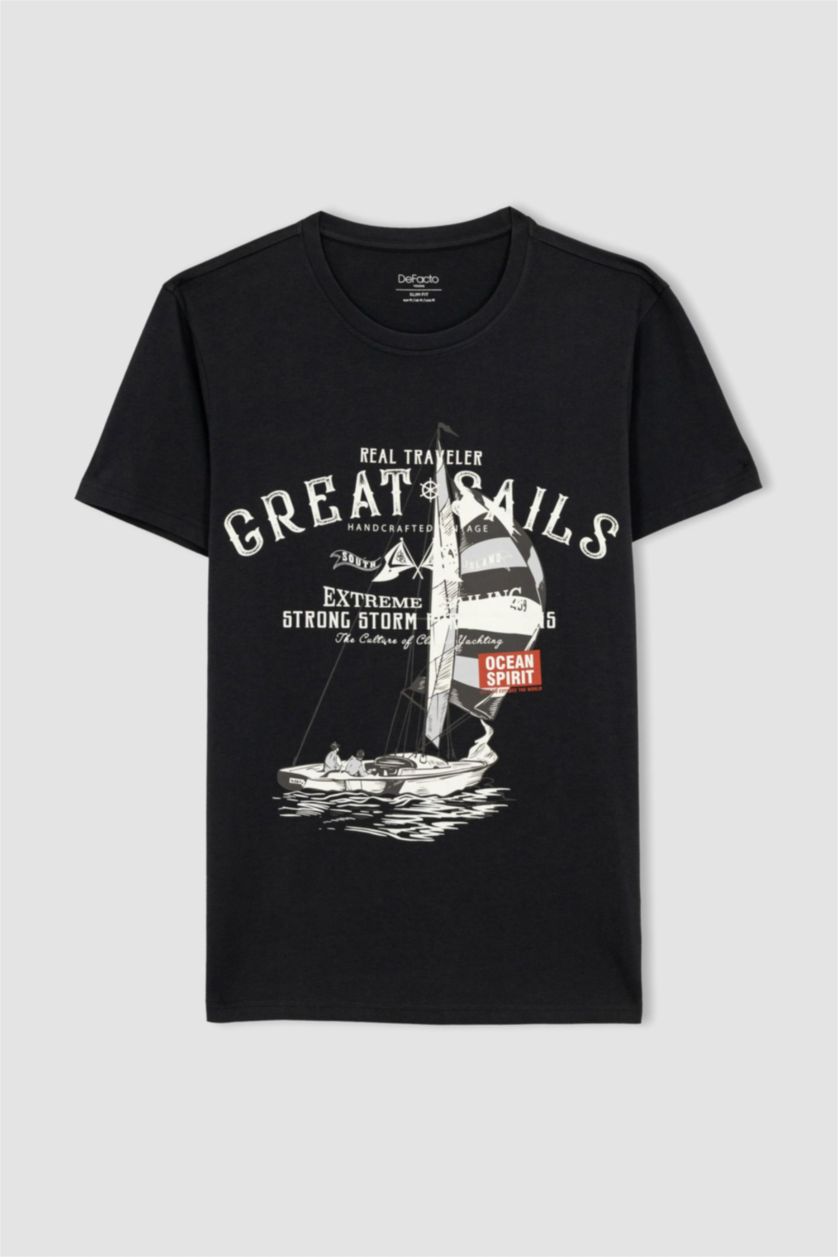 MAN Anthracite Slim Fit Crew Neck Printed Cotton T-Shirt