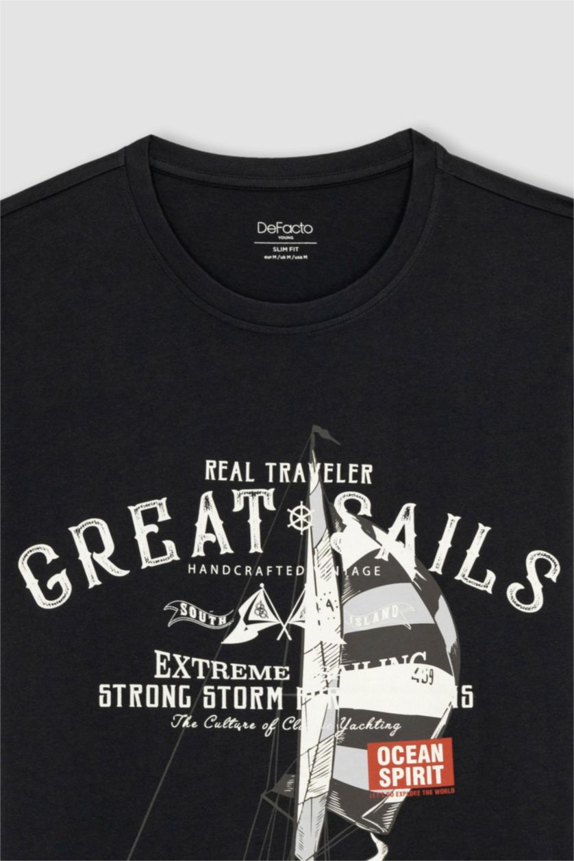 MAN Anthracite Slim Fit Crew Neck Printed Cotton T-Shirt