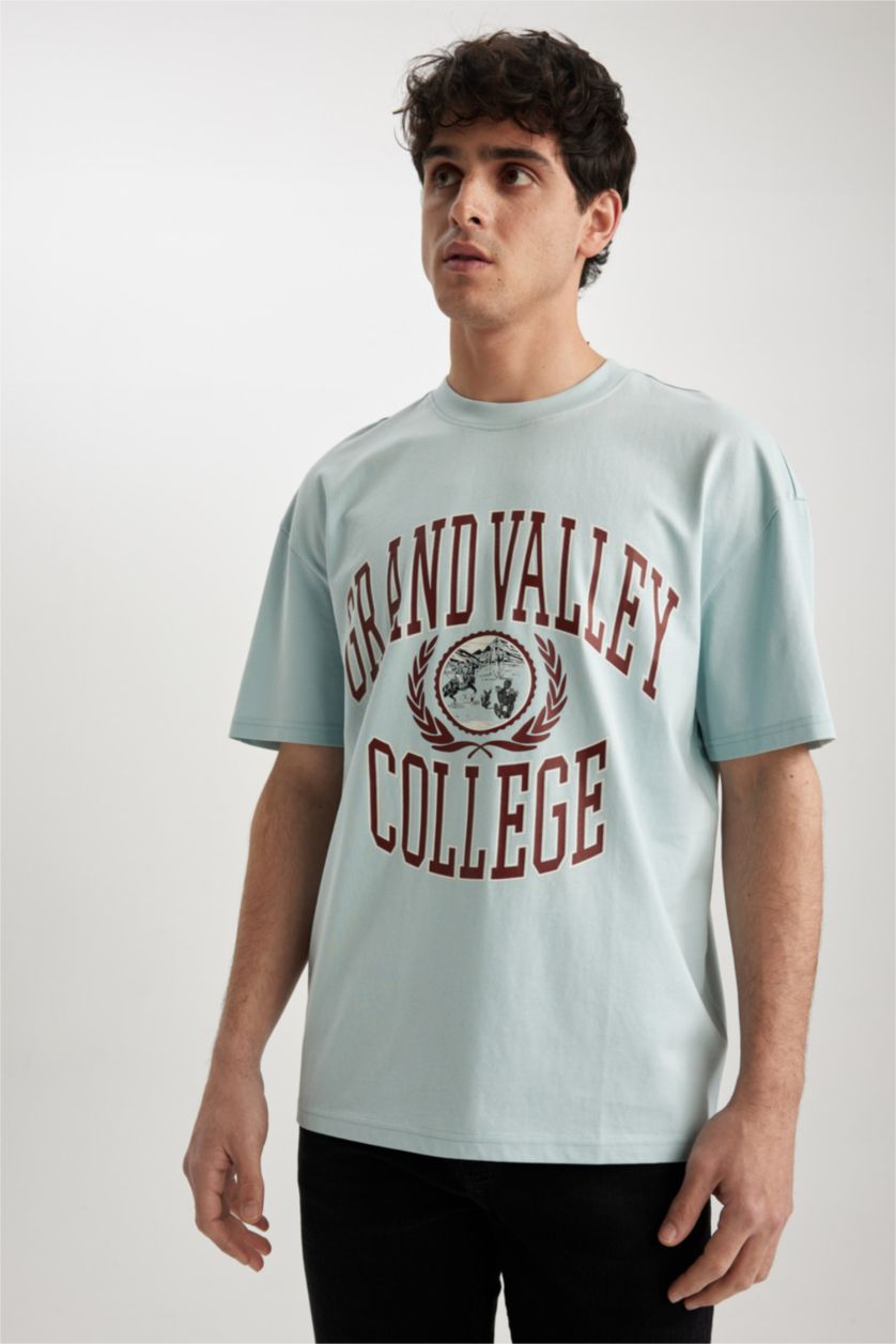 MAN Light Blue Comfort Fit Crew Neck Printed Cotton T-Shirt