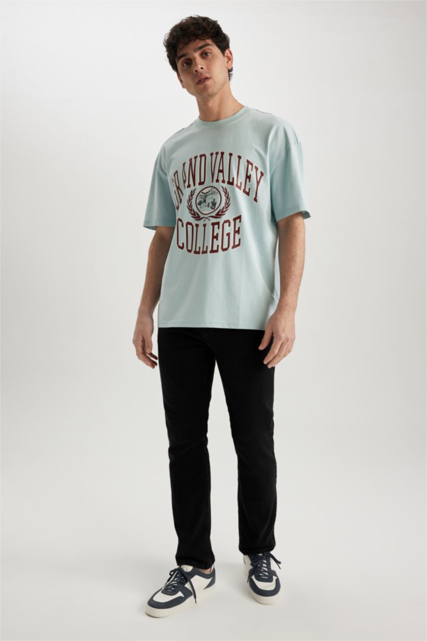 MAN Light Blue Comfort Fit Crew Neck Printed Cotton T-Shirt