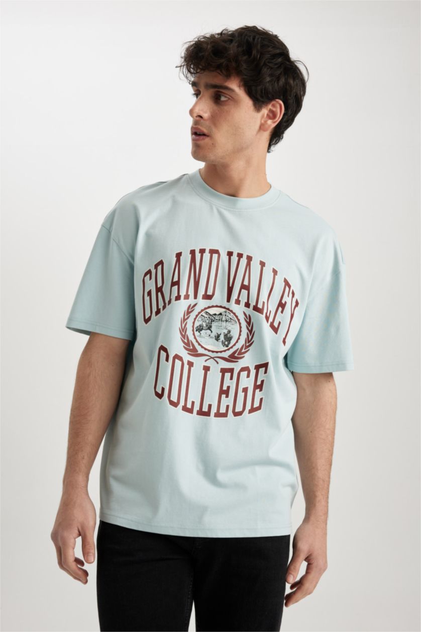 MAN Light Blue Comfort Fit Crew Neck Printed Cotton T-Shirt