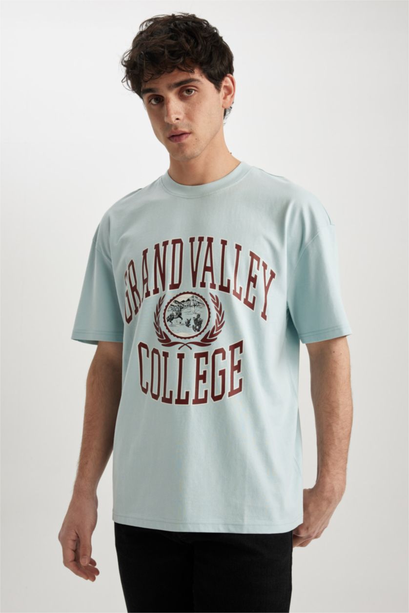 MAN Light Blue Comfort Fit Crew Neck Printed Cotton T-Shirt