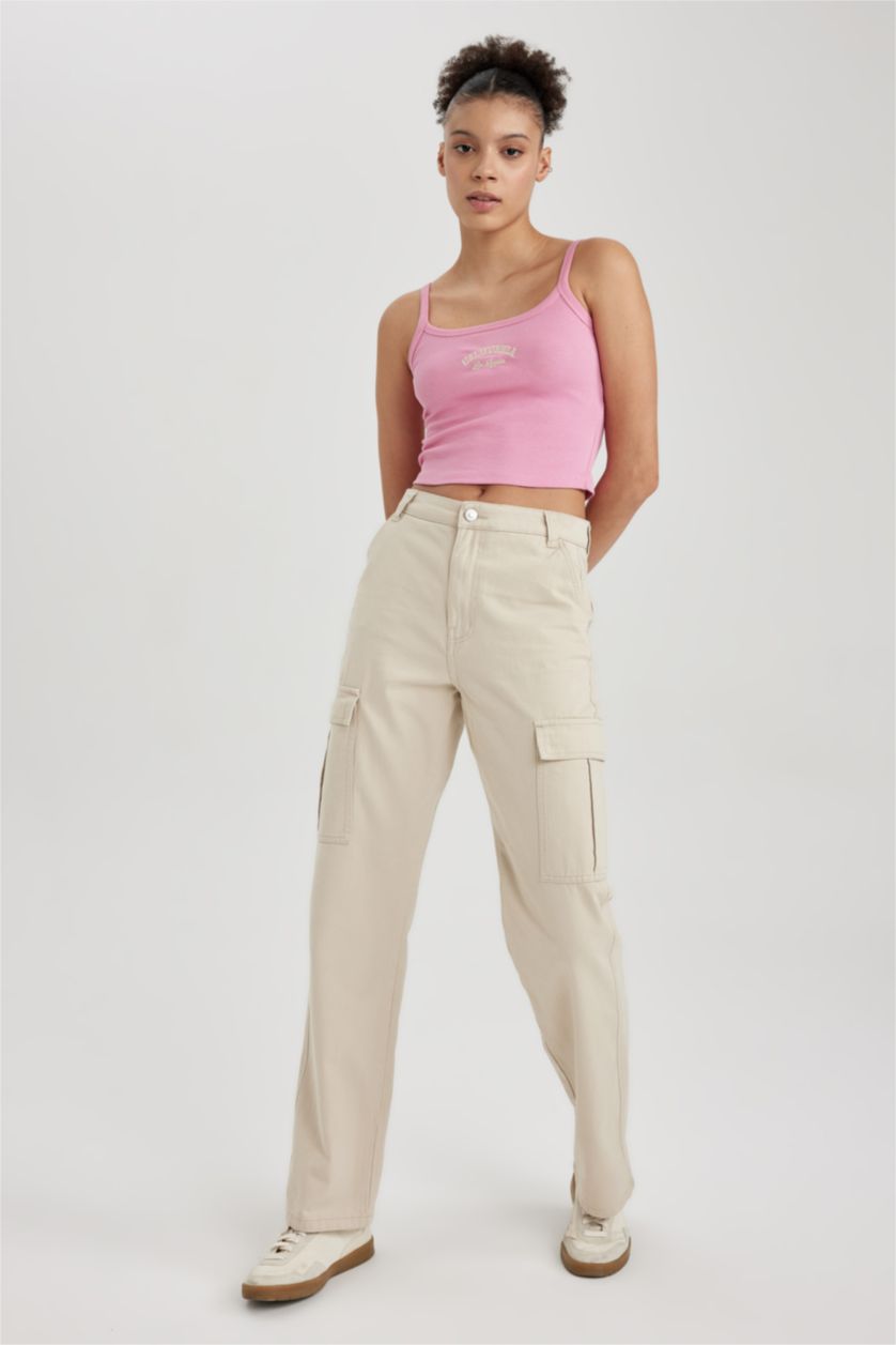WOMAN Stone Straight Fit Cargo Gabardine Cotton Trousers