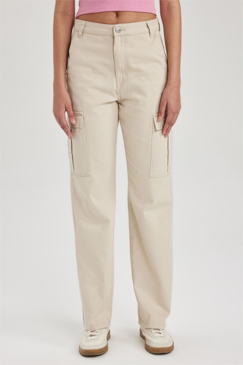 WOMAN Stone Straight Fit Cargo Gabardine Cotton Trousers