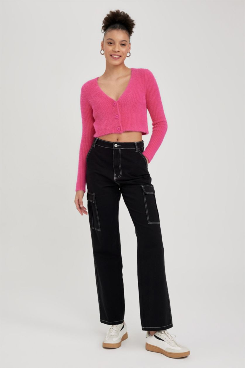 WOMAN Black Straight Fit Cargo Gabardine Cotton Trousers