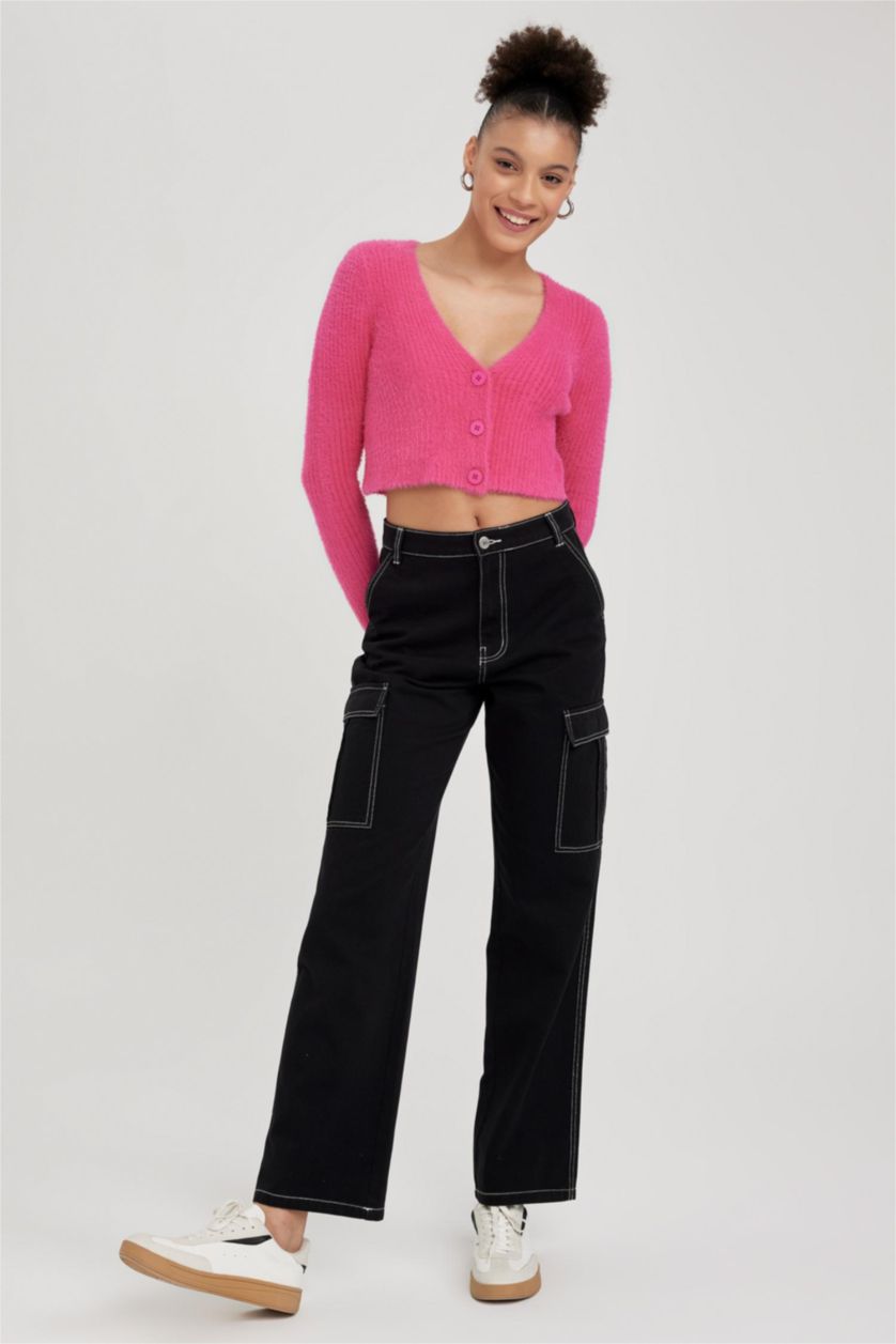 WOMAN Black Straight Fit Cargo Gabardine Cotton Trousers