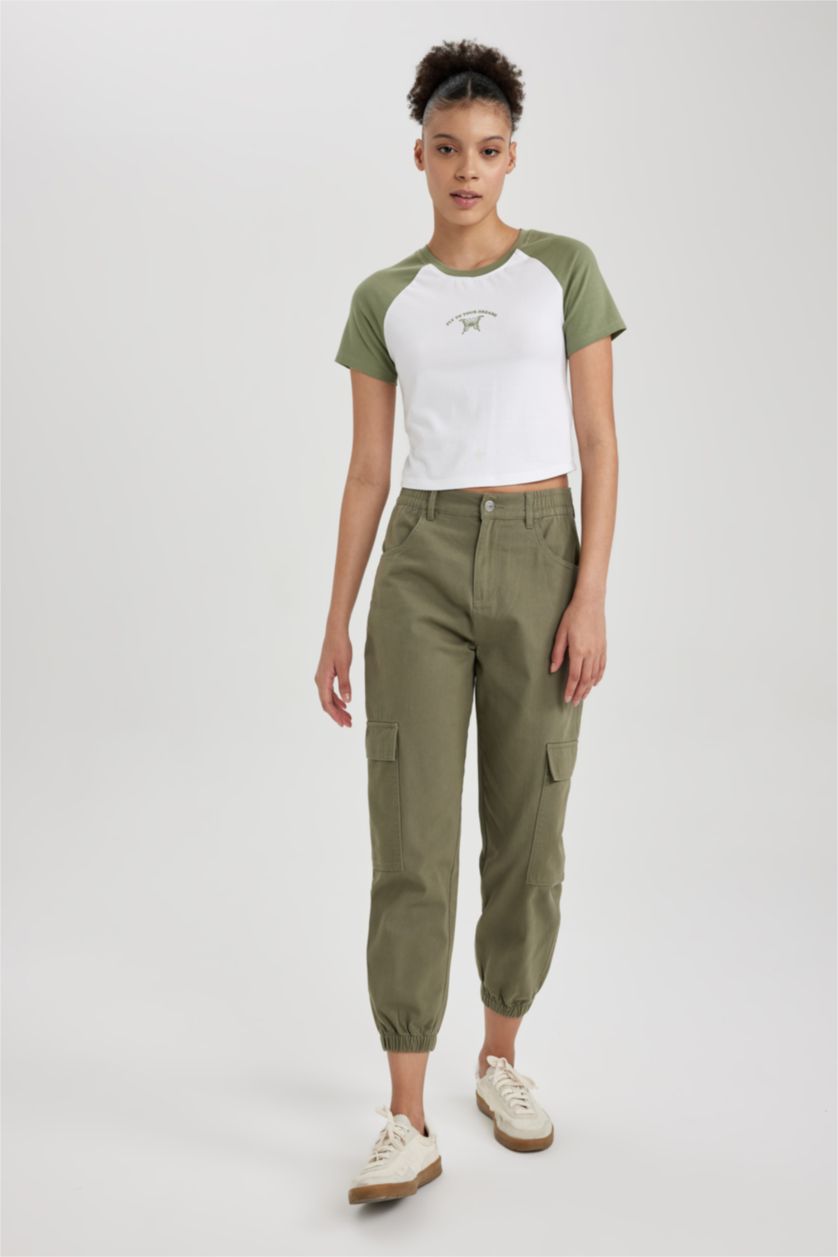 Woman Khaki Cargo Jogger Gabardine Trousers