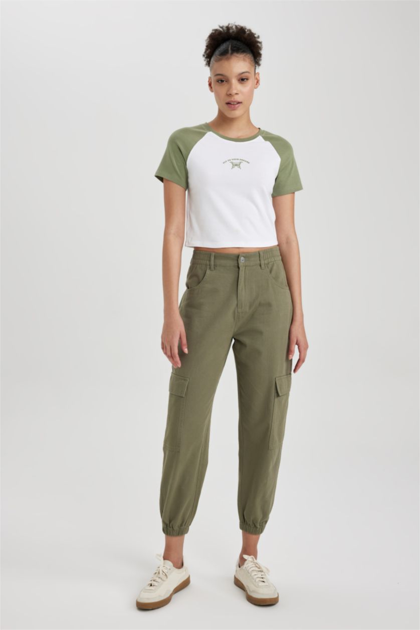 Woman Khaki Cargo Jogger Gabardine Trousers