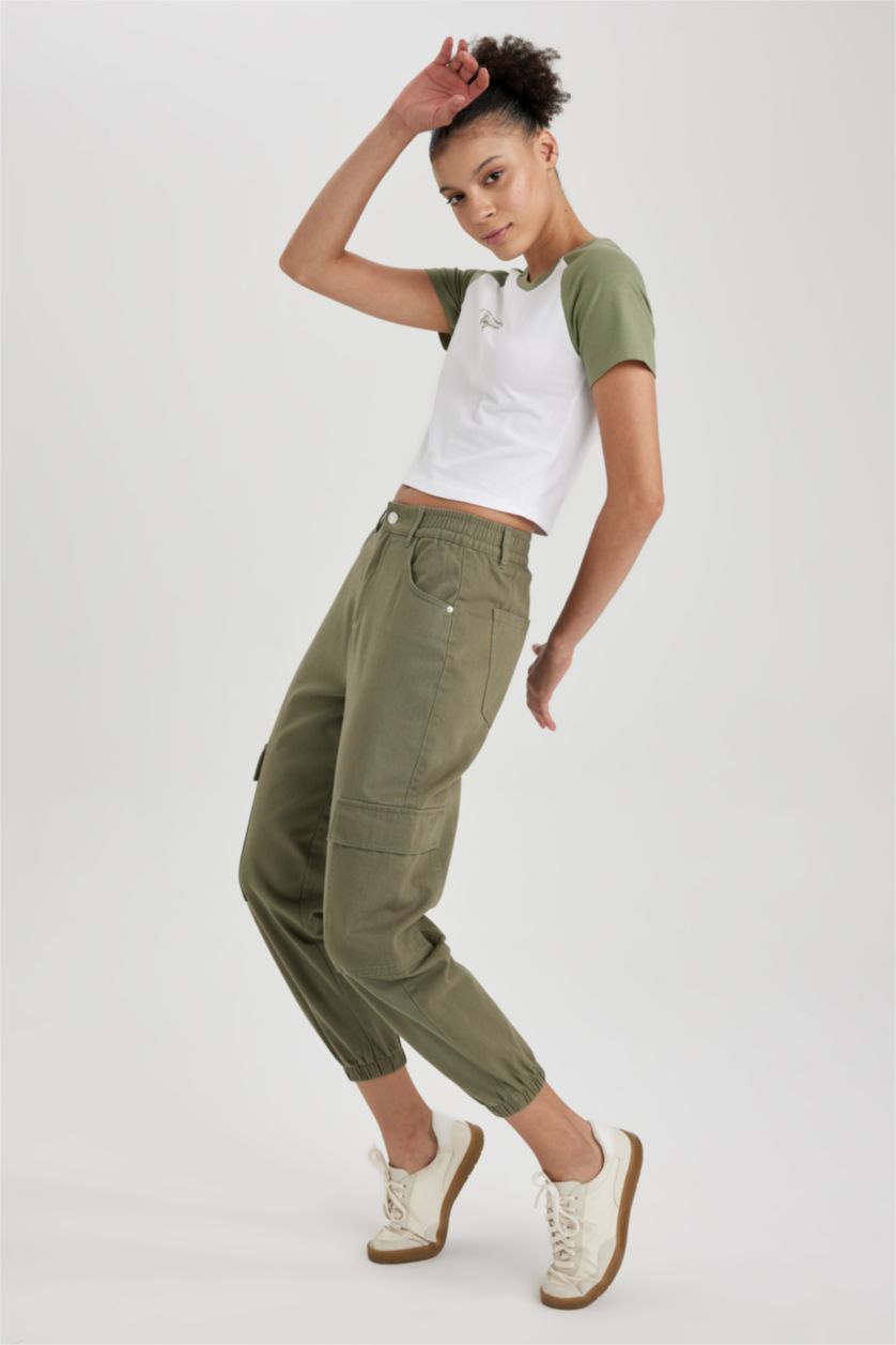 Woman Khaki Cargo Jogger Gabardine Trousers