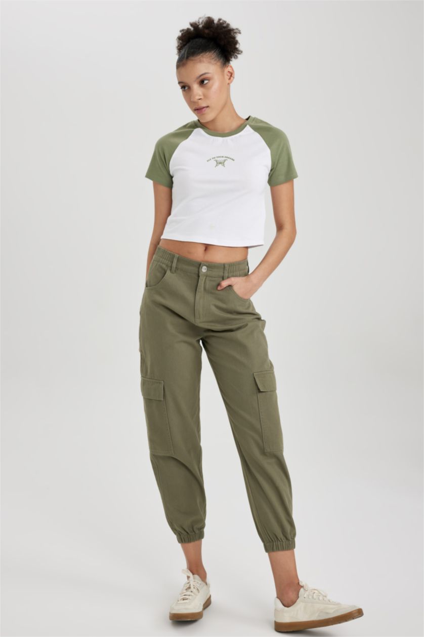 Woman Khaki Cargo Jogger Gabardine Trousers