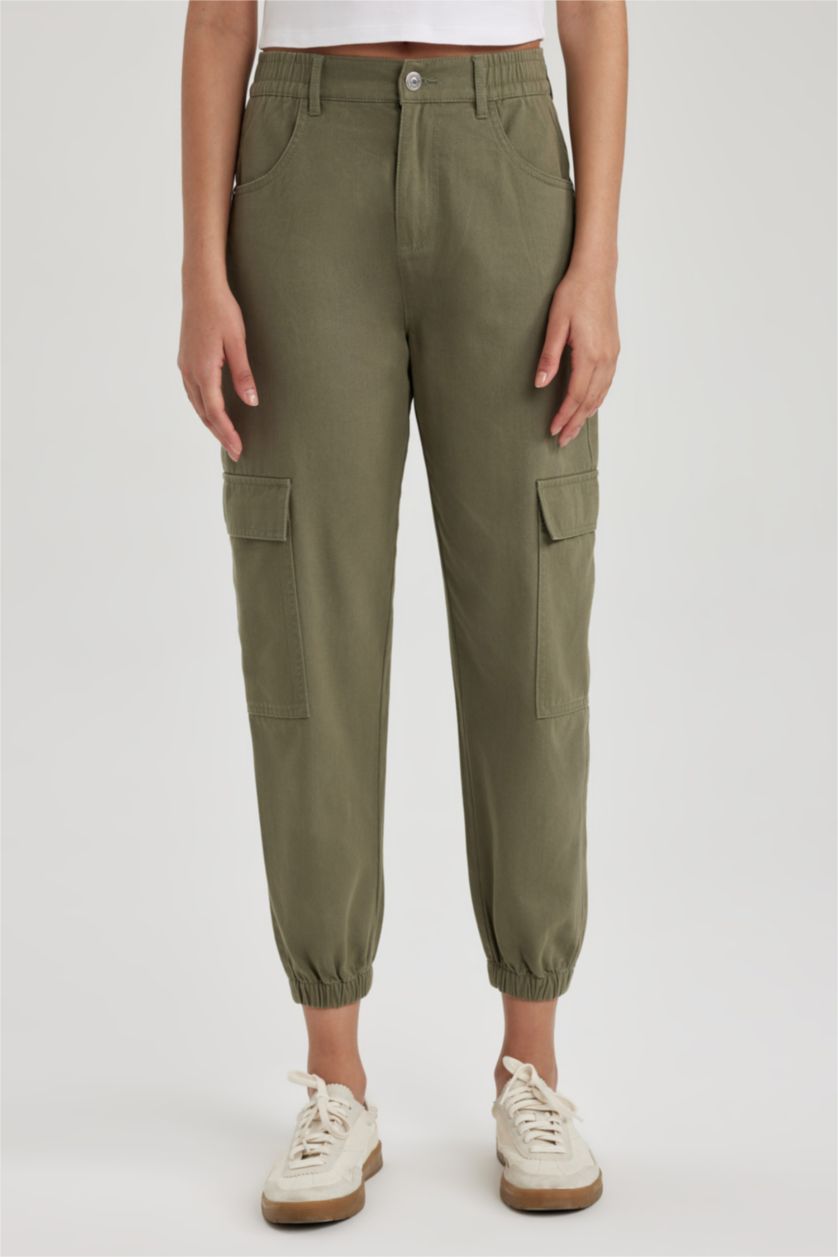 Woman Khaki Cargo Jogger Gabardine Trousers