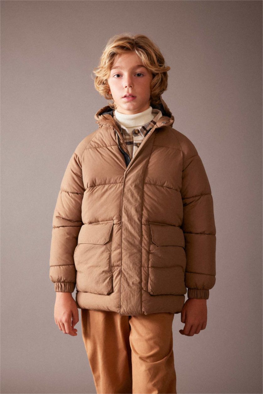 Boys & Teens Beige Girl Hooded Long Puffer Jacket