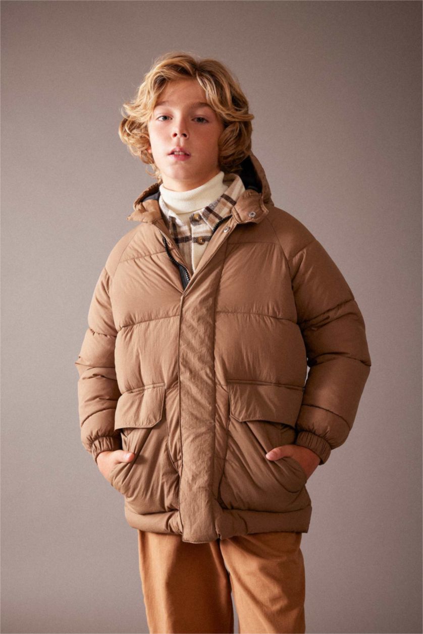 Boys & Teens Beige Girl Hooded Long Puffer Jacket