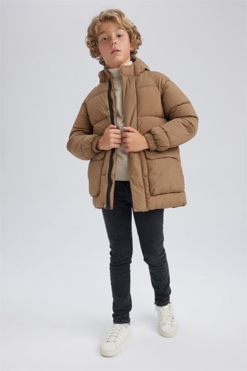 Boys & Teens Beige Girl Hooded Long Puffer Jacket