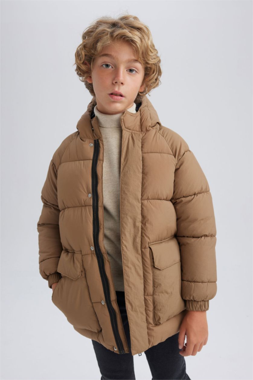 Boys & Teens Beige Girl Hooded Long Puffer Jacket