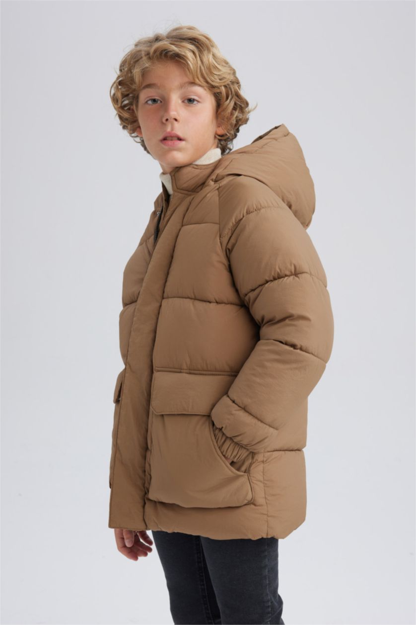 Boys & Teens Beige Girl Hooded Long Puffer Jacket