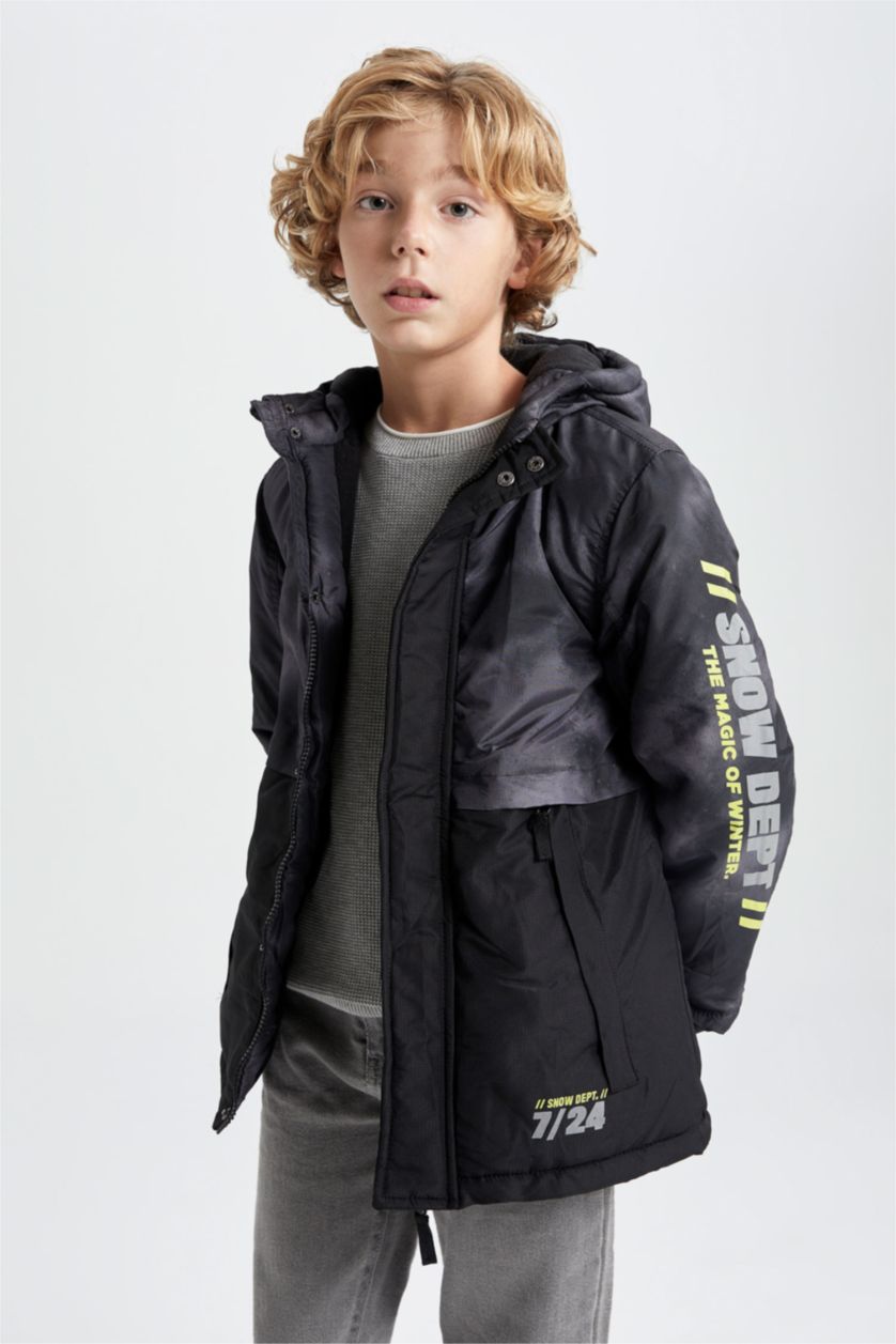 أولاد أسود جاكيت ولادي بغطاء للرأس ببطانة صوفية