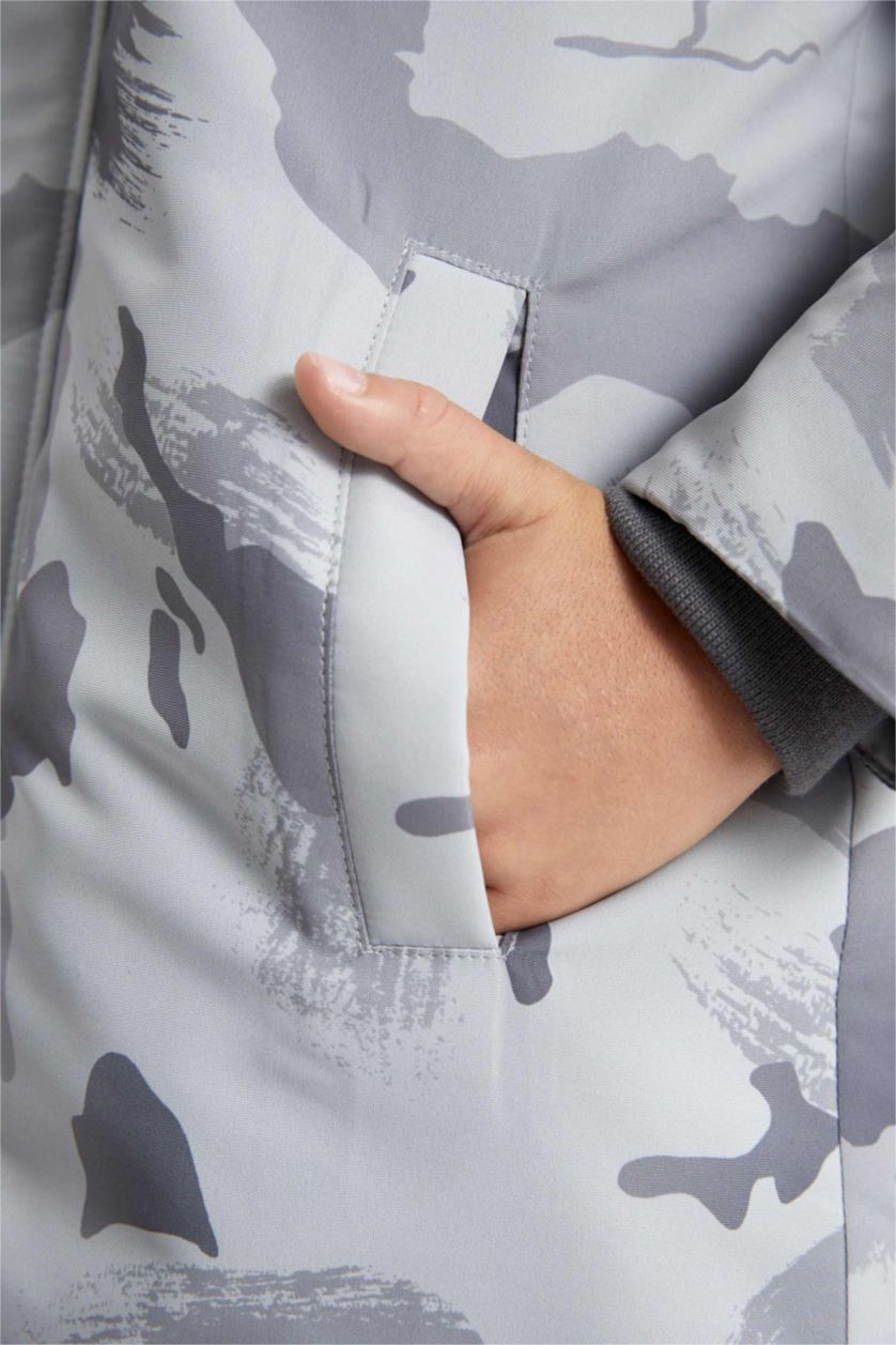 Boys & Teens Light Grey Boy Waterproof Camouflage Patterned Hooded Removable Fur Plush Lining Jacket