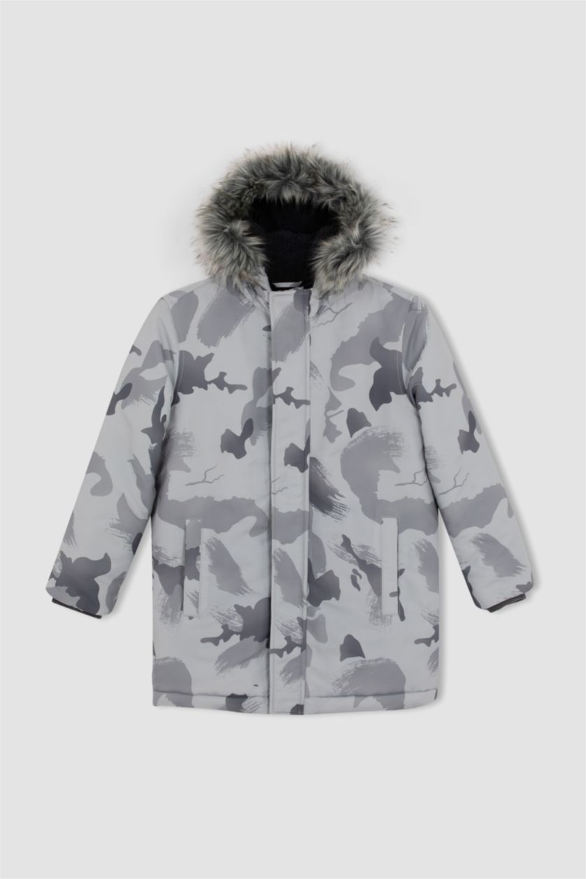 Boys & Teens Light Grey Boy Waterproof Camouflage Patterned Hooded Removable Fur Plush Lining Jacket