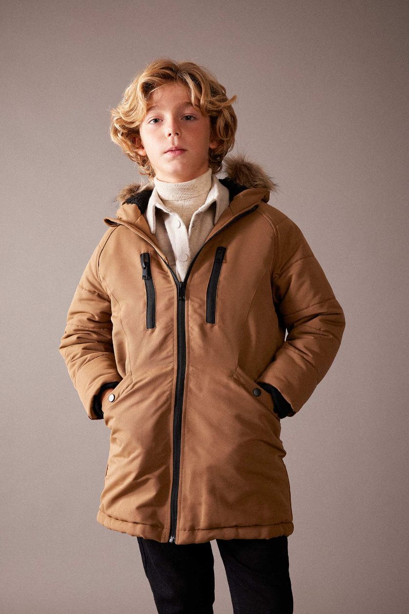 Boys & Teens Brown Boy Waterproof Removable Fur Hooded Plush Lining Puffer Jacket