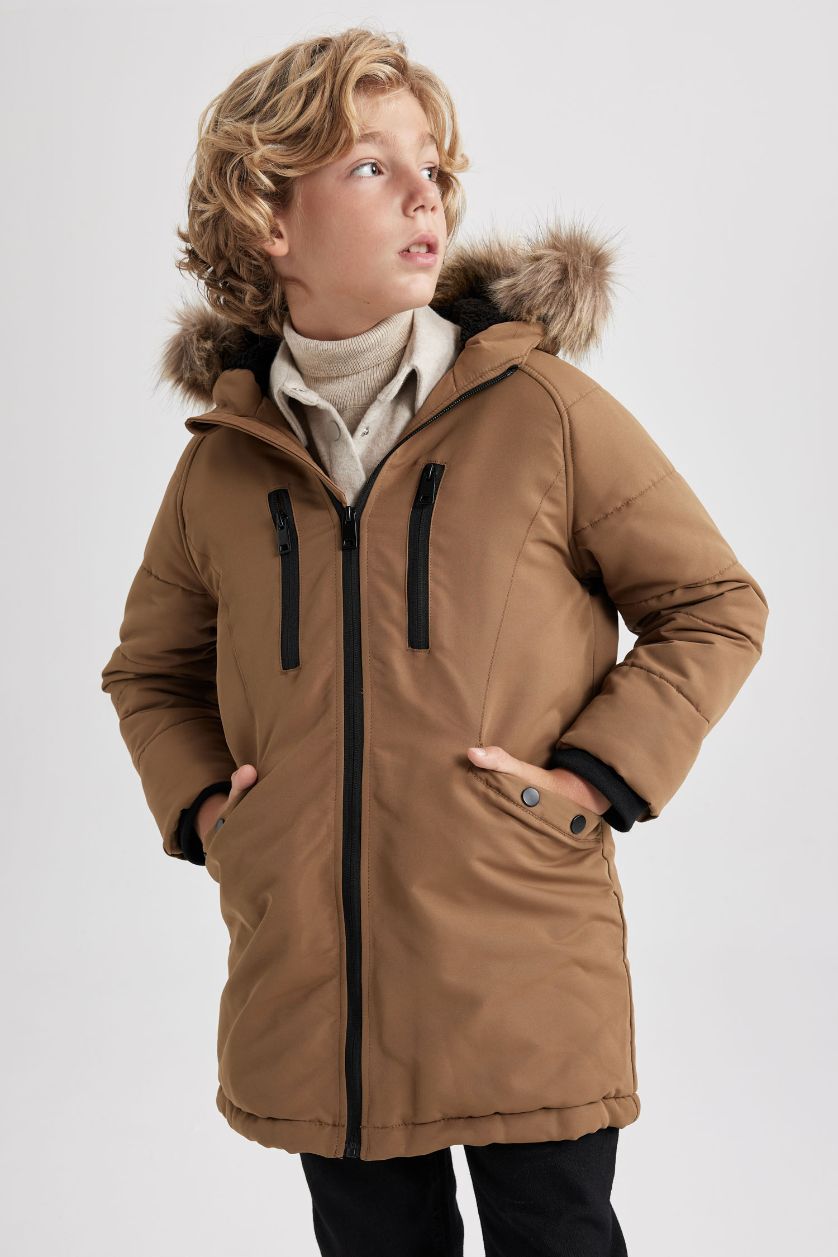 Boys & Teens Brown Boy Waterproof Removable Fur Hooded Plush Lining Puffer Jacket