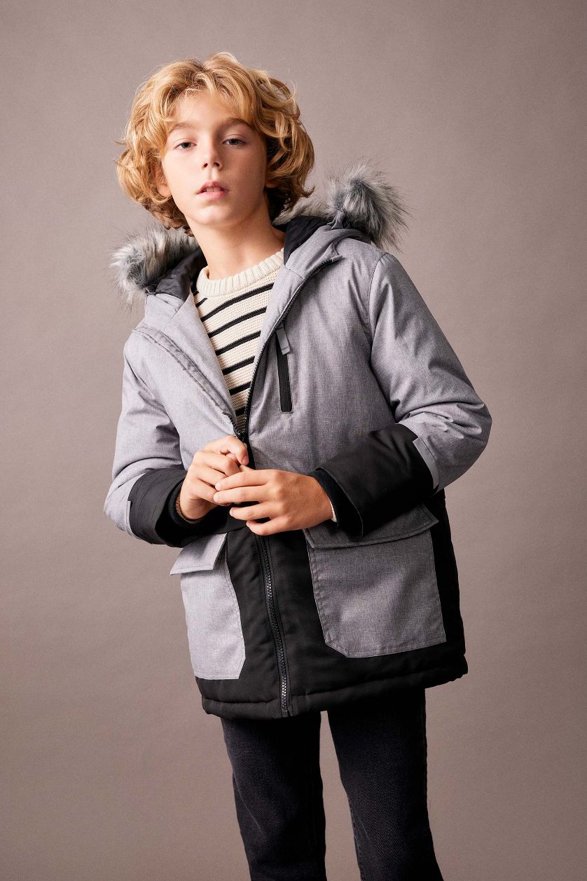 GARÇONS Gris Clair Manteau avec Capuche et Fausse Fourrure et Doublure en Peluche pour Garçon