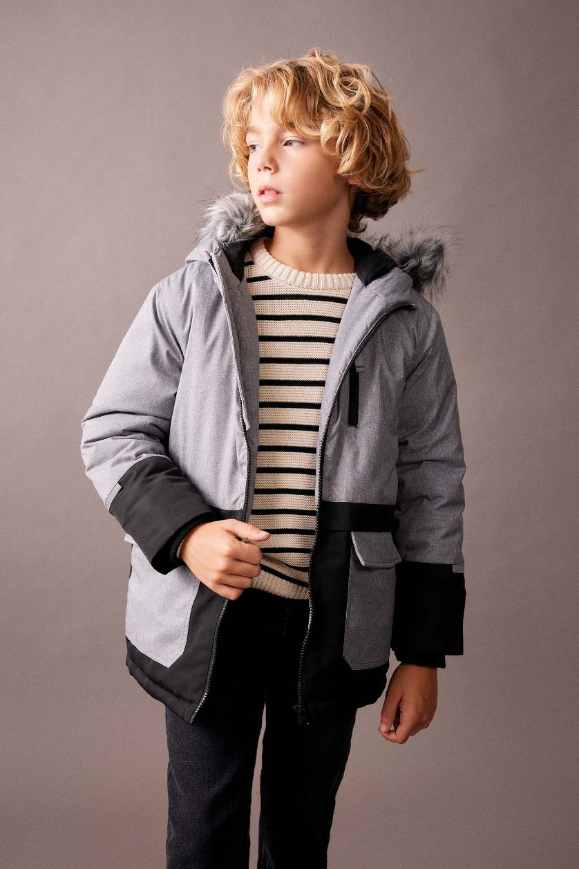 GARÇONS Gris Clair Manteau avec Capuche et Fausse Fourrure et Doublure en Peluche pour Garçon