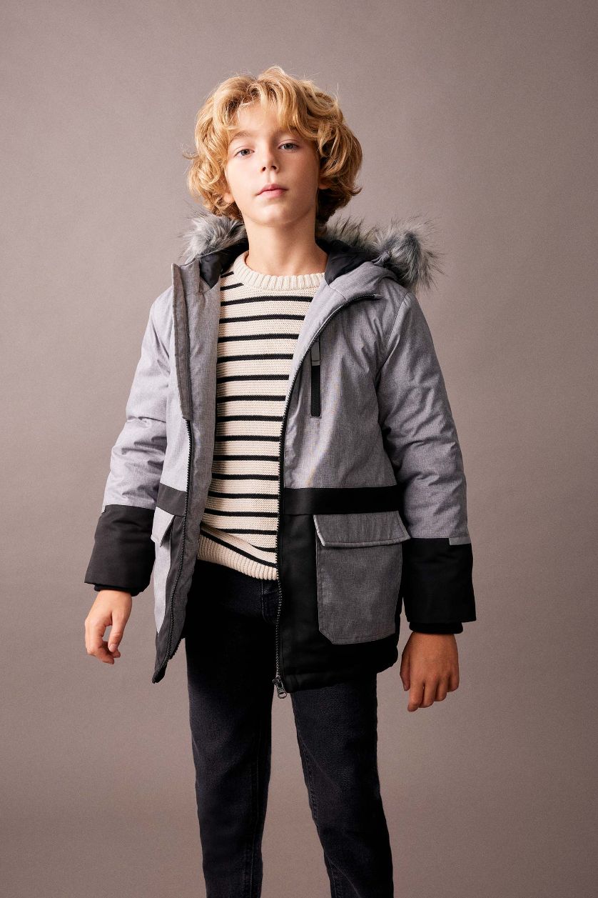 GARÇONS Gris Clair Manteau avec Capuche et Fausse Fourrure et Doublure en Peluche pour Garçon