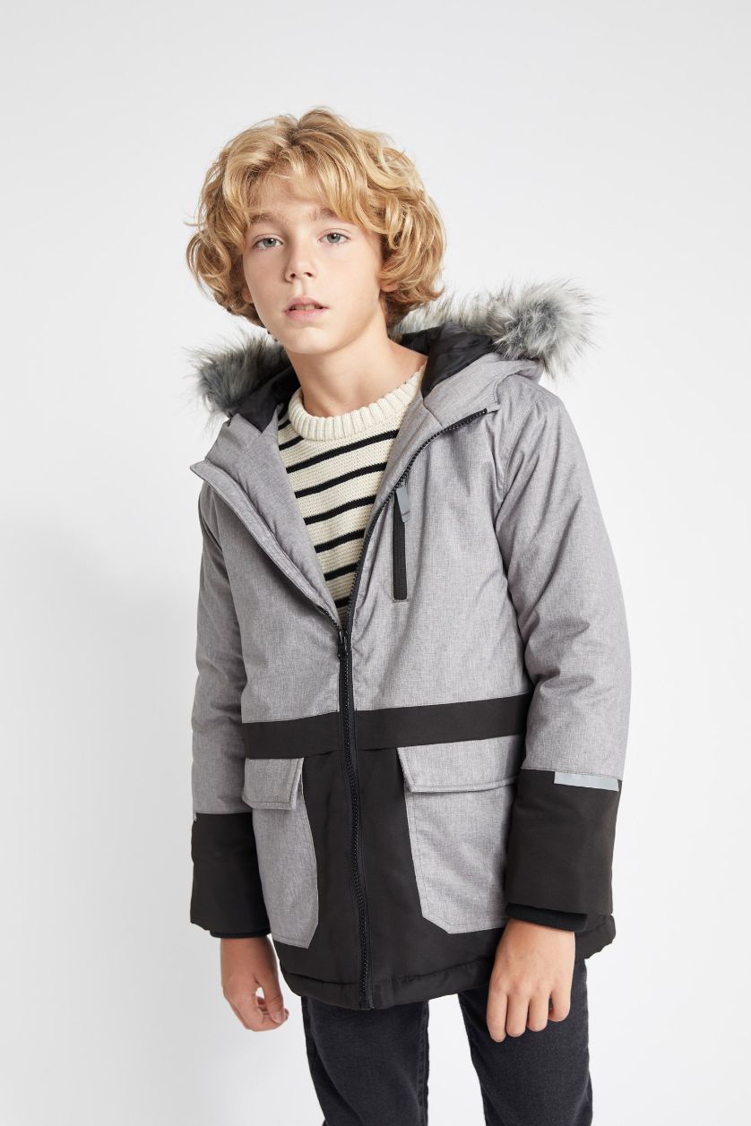 GARÇONS Gris Clair Manteau avec Capuche et Fausse Fourrure et Doublure en Peluche pour Garçon