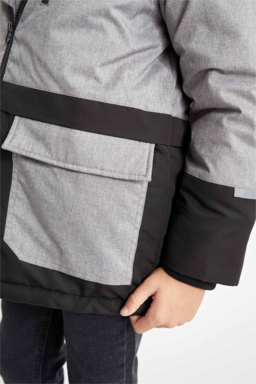 GARÇONS Gris Clair Manteau avec Capuche et Fausse Fourrure et Doublure en Peluche pour Garçon