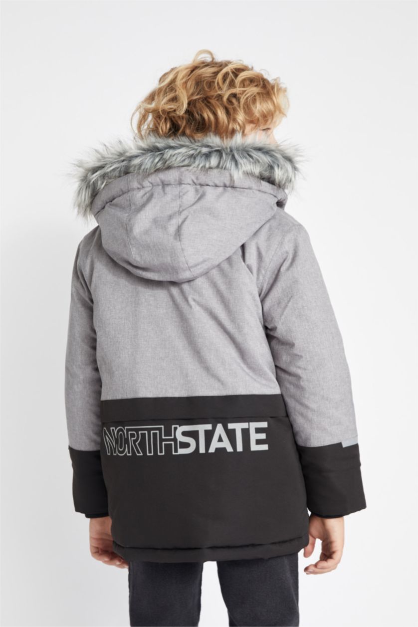 GARÇONS Gris Clair Manteau avec Capuche et Fausse Fourrure et Doublure en Peluche pour Garçon