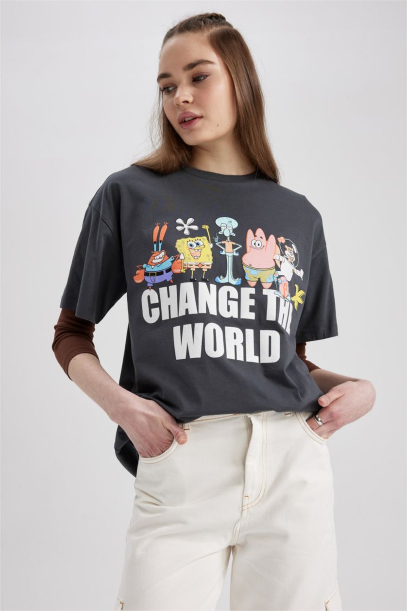 Woman Anthracite Coool SpongeBob Licensed Oversize Fit Crew Neck Short Sleeve T-Shirt