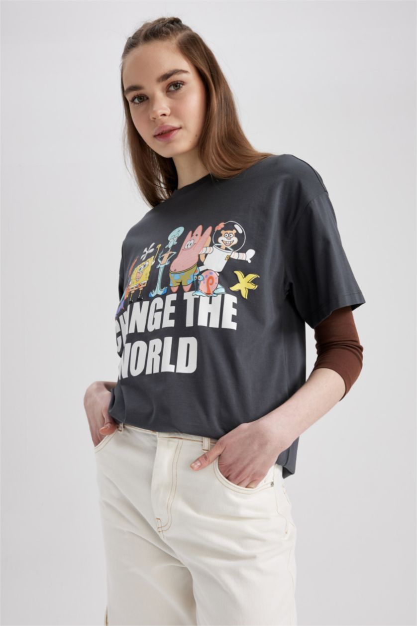 Woman Anthracite Coool SpongeBob Licensed Oversize Fit Crew Neck Short Sleeve T-Shirt