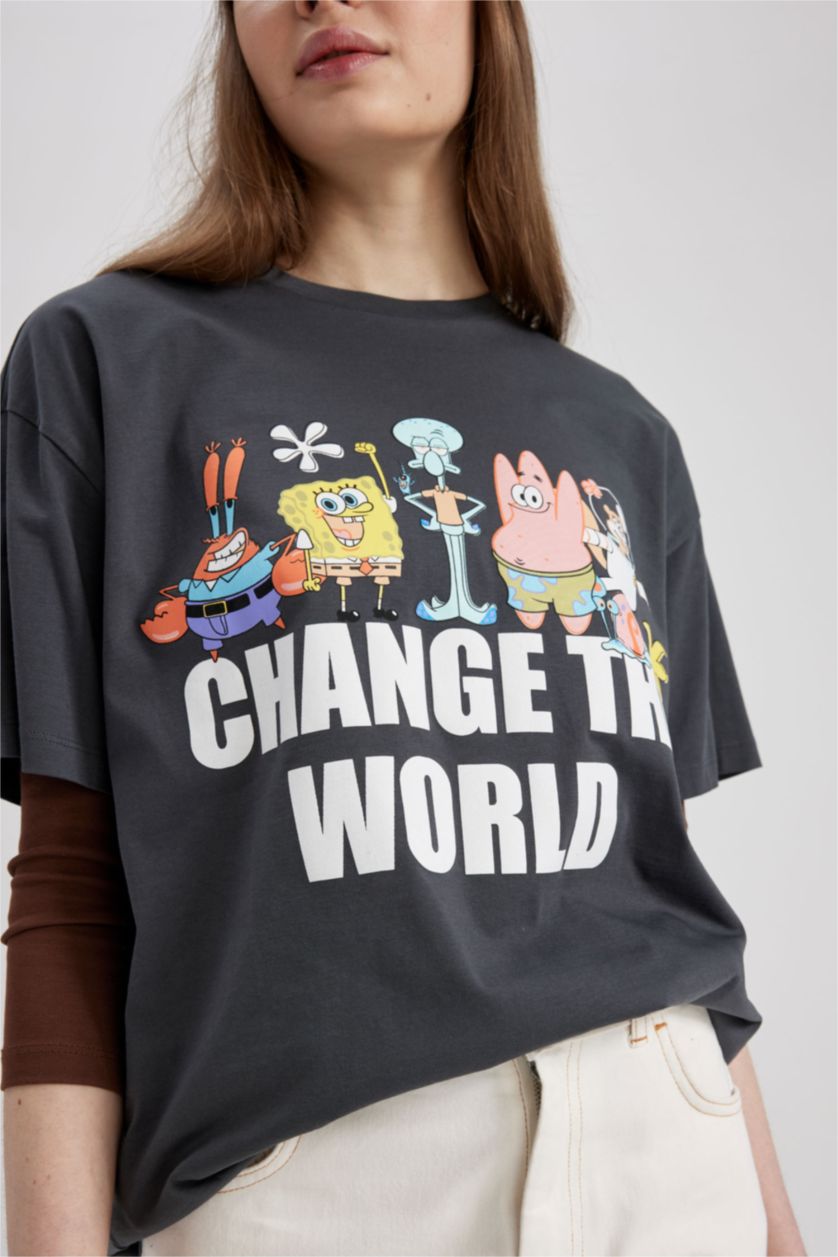 Woman Anthracite Coool SpongeBob Licensed Oversize Fit Crew Neck Short Sleeve T-Shirt