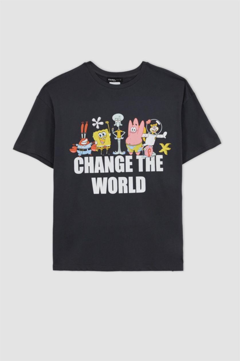 Woman Anthracite Coool SpongeBob Licensed Oversize Fit Crew Neck Short Sleeve T-Shirt