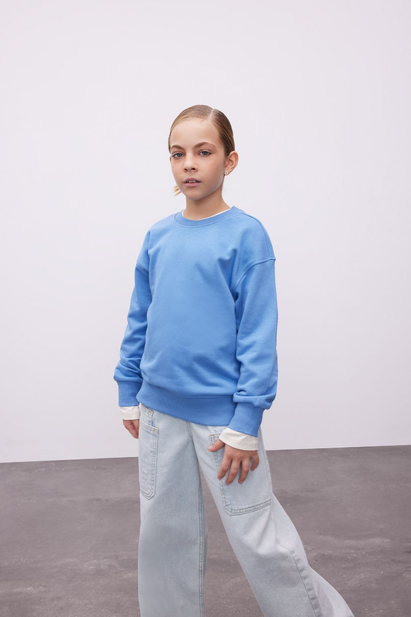 Girls & Teens Blue Girl Relax Fit Crew Neck Basic School Sweatshirt