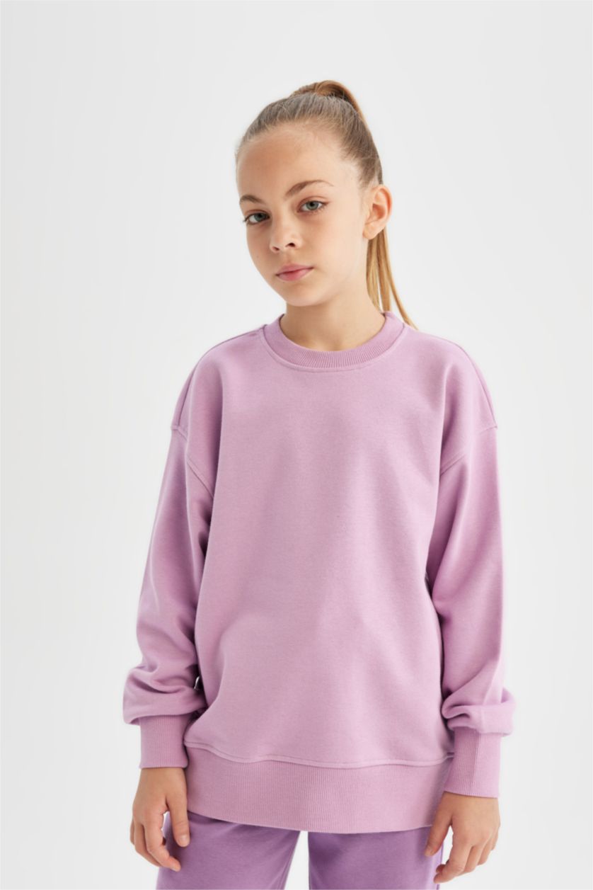 Girls & Teens Lilac Girl Relax Fit Crew Neck Basic School Sweatshirt