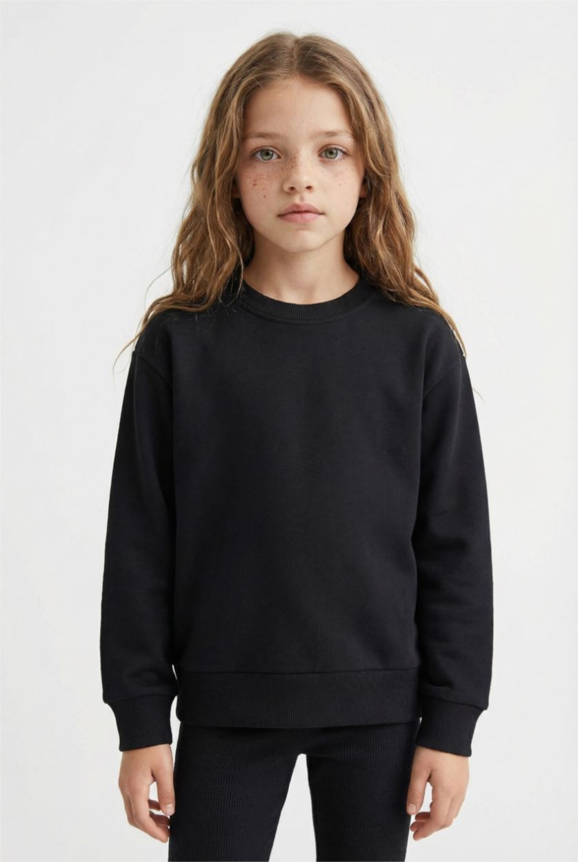 FILLES Noir Sweatshirt basique à col rond Coupe décontractée pour fille