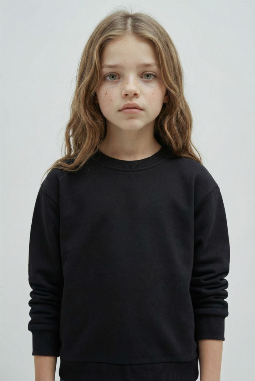 FILLES Noir Sweatshirt basique à col rond Coupe décontractée pour fille
